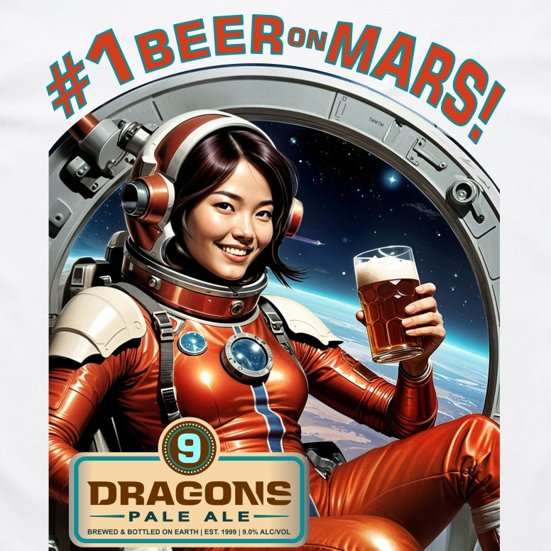 An attractive Asian woman reclining inside a space capsule drinking a glass of beer, with Earth visible in the background. The illustration is in the style of vintage sci-fi movie posters, with the caption "Number 1 beer on Mars...The taste is out of this world!